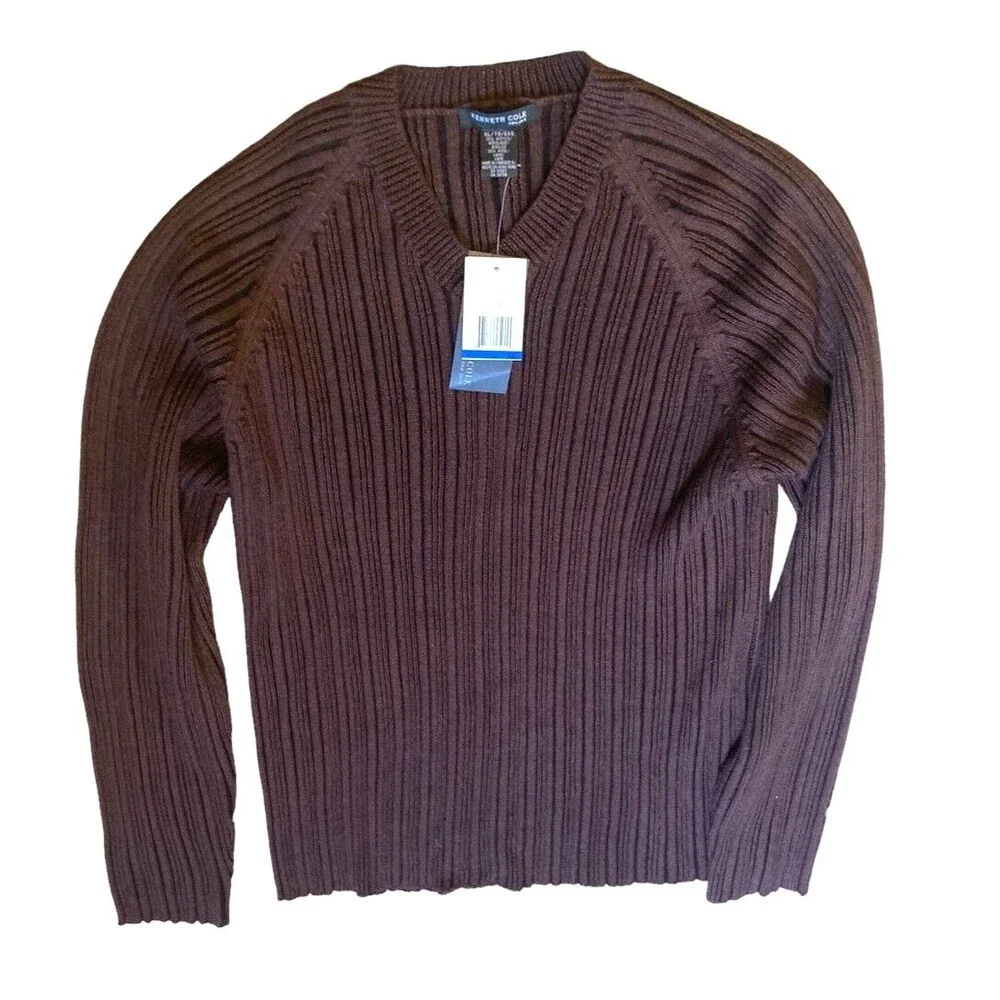 NWT sweater Kenneth Cole pull over XL v neck chunky cable knit wool blend preppy